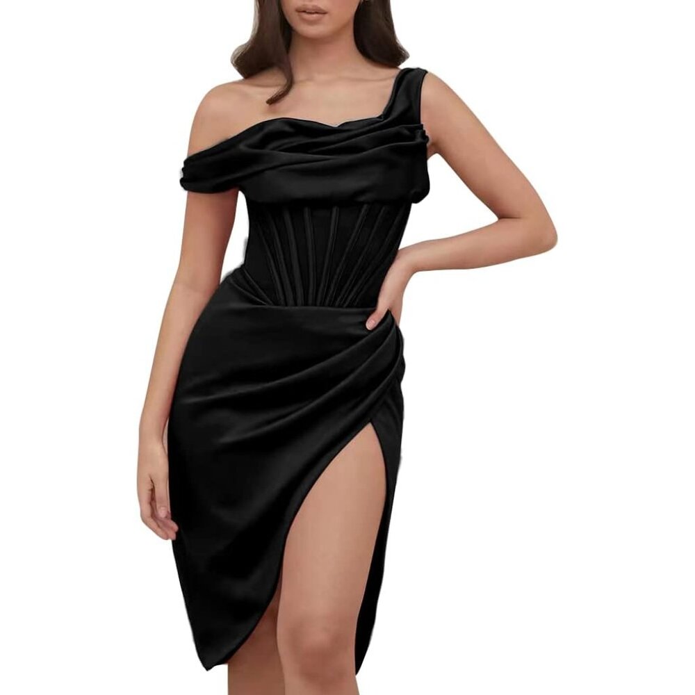 Women Satin Ruffle One Shoulder High Split Bodycon Midi Dress Party